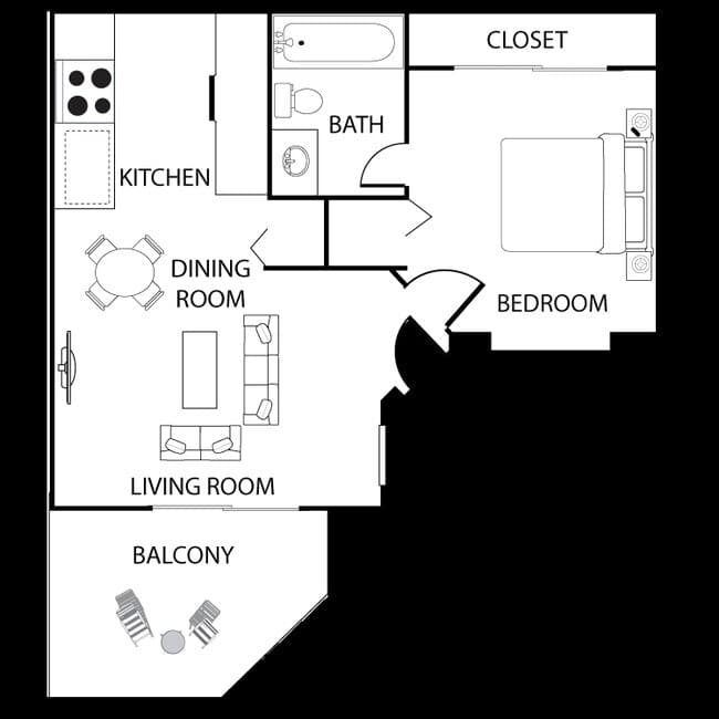 1 Bedroom x 1 Bath floor plan