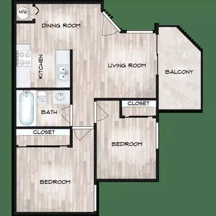 2 Bedroom x 1 Bath floor plan
