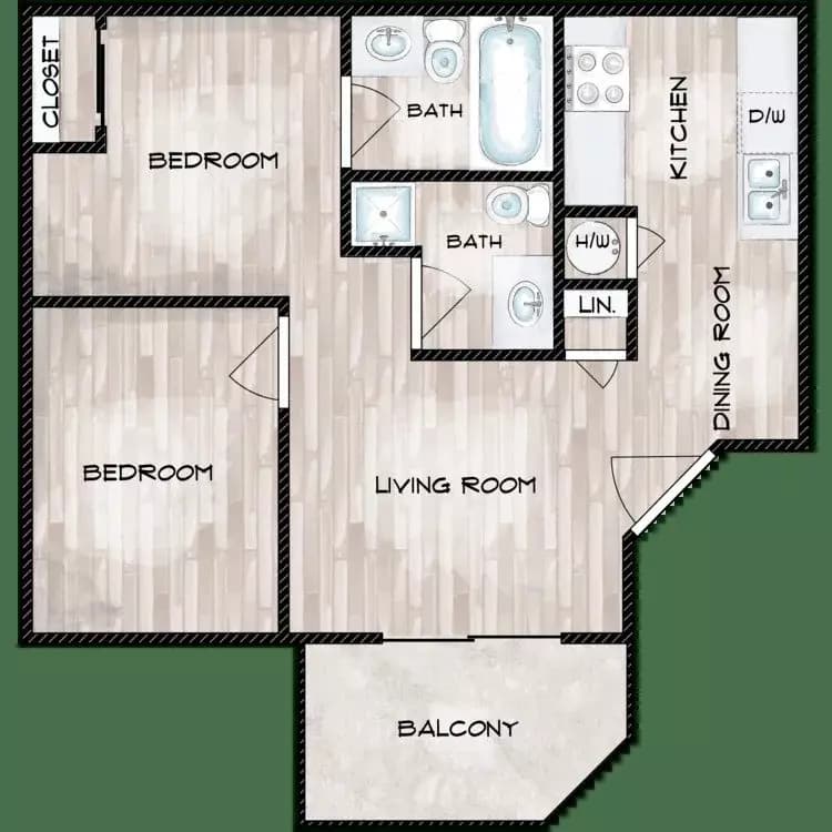 2 Bedroom x 2 Bath floor plan