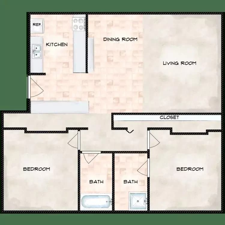 2 Bedroom x 2 Bath floor plan