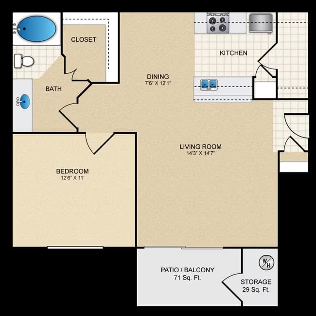 1 Bed • 1 Bath 2075 floor plan
