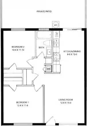 2 Beds, 1 Bath Model floor plan