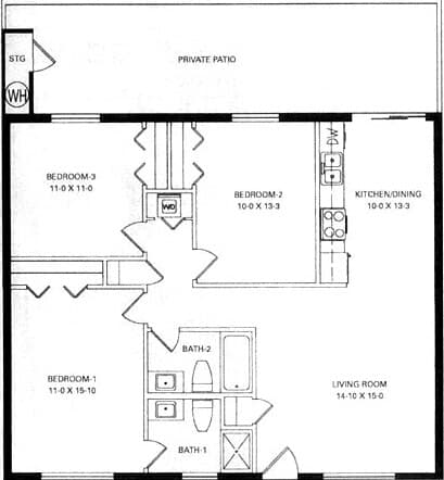3 Beds, 2 Baths Model floor plan