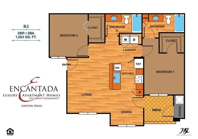 2 Beds • 2 Bath 2001 floor plan