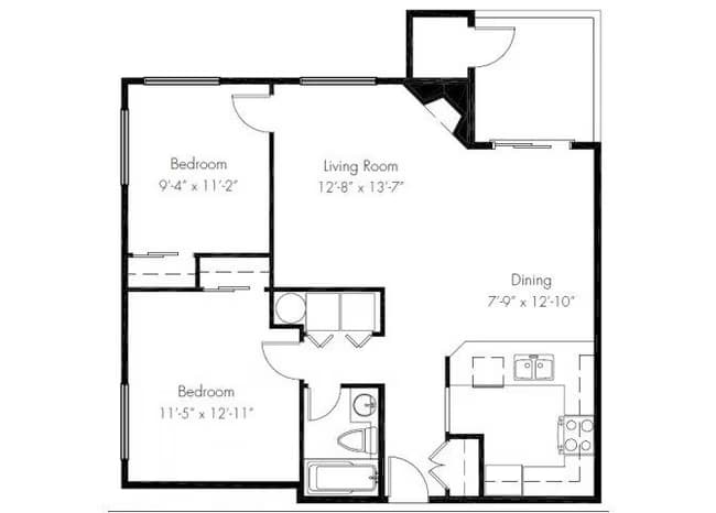 Two Bedroom One Bath Medium B303 floor plan