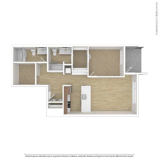 One Bedroom Two Bath with Den B floor plan