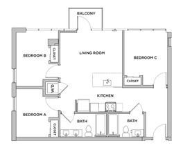 C1 - 3x2 Primary Bedroom Shared Bathroom floor plan