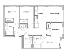 B1-M - 2x2 Primary Bedroom Private Bathroom floor plan