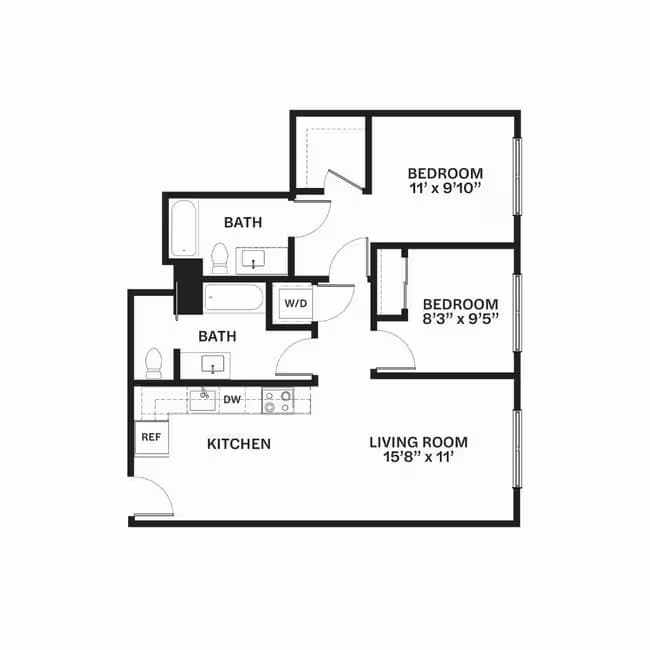 Two Bed Two Bath F1 620 floor plan