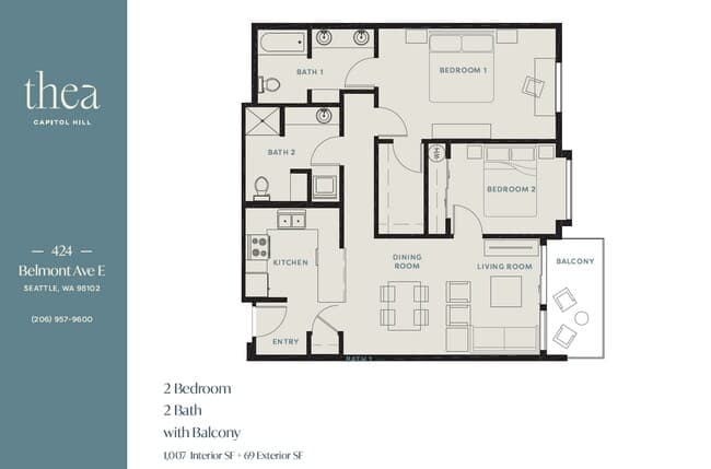2 Bedroom 2 Bathroom 1008 sqft floor plan