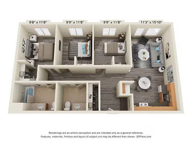 3 Bedroom 1.5 Bath 60 Percent AMI 615 floor plan