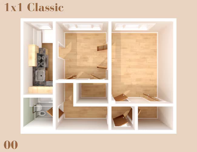 1 Bed 1 Bath Classic Private Bedroom floor plan