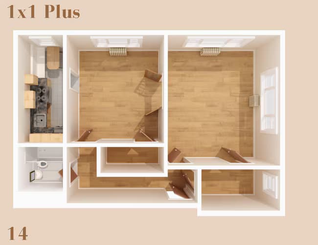 1 Bed, 1 Bath Plus Private Bedroom floor plan