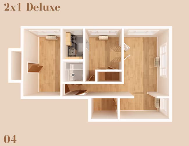2 Bed, 1 Bath Deluxe Private Bedroom floor plan