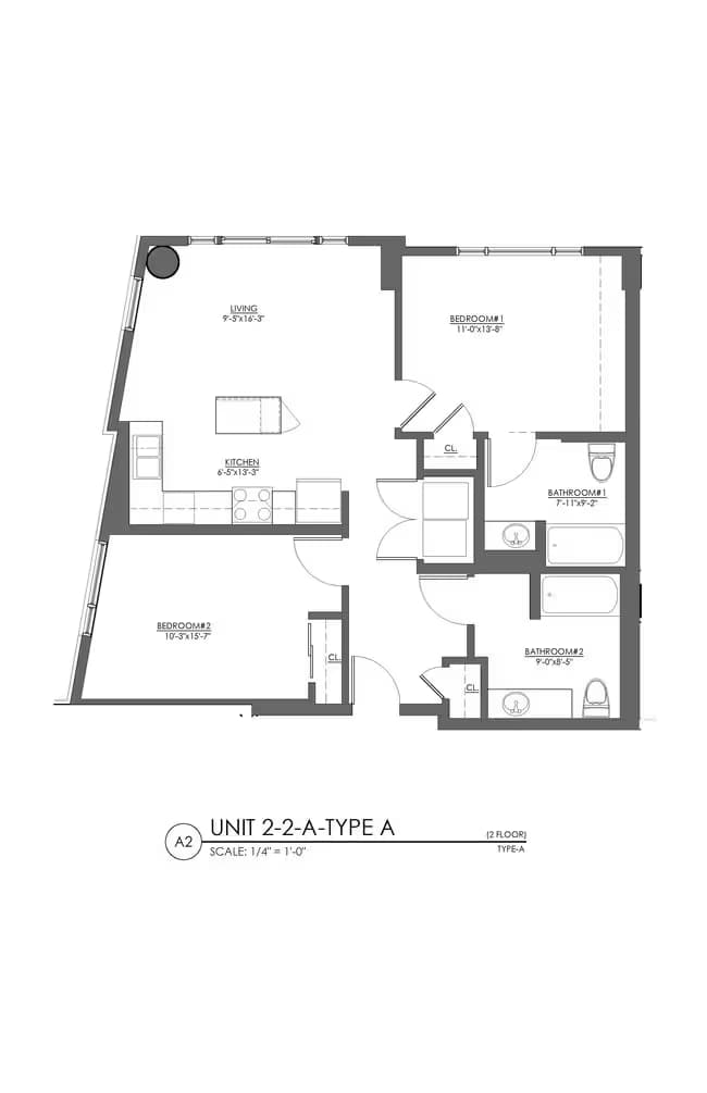 2 Bed 2 Bath - 990 sqft 601 floor plan