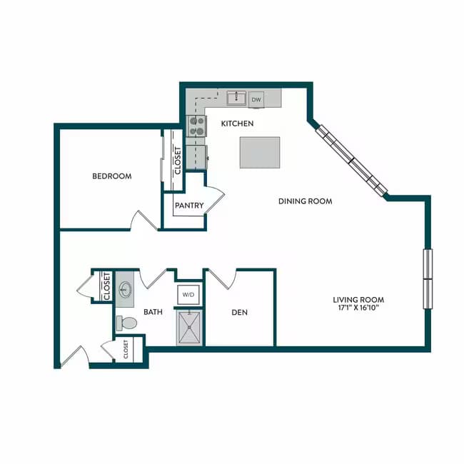 1BR 1BA + DEN B 614 floor plan