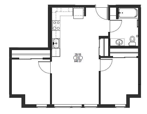 Maddux 2 Bed 1 Bath A Type 2810-310 floor plan