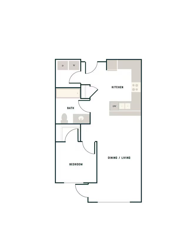 1 Bed, 1 Bath - East Apt D East-408 floor plan