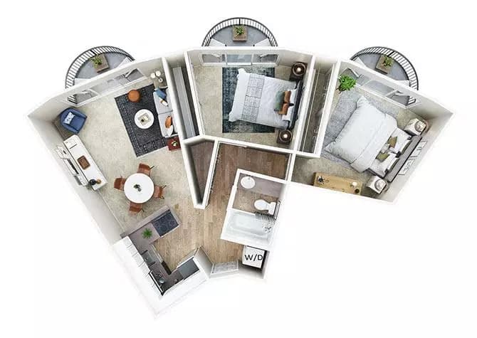2 BDRM, 1 BTH R 16F floor plan