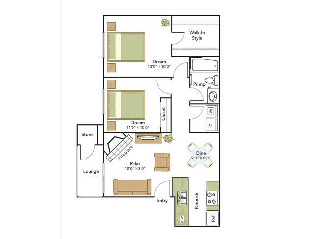 2 Bed, 1 Bath B Upgraded 1P-P201 floor plan