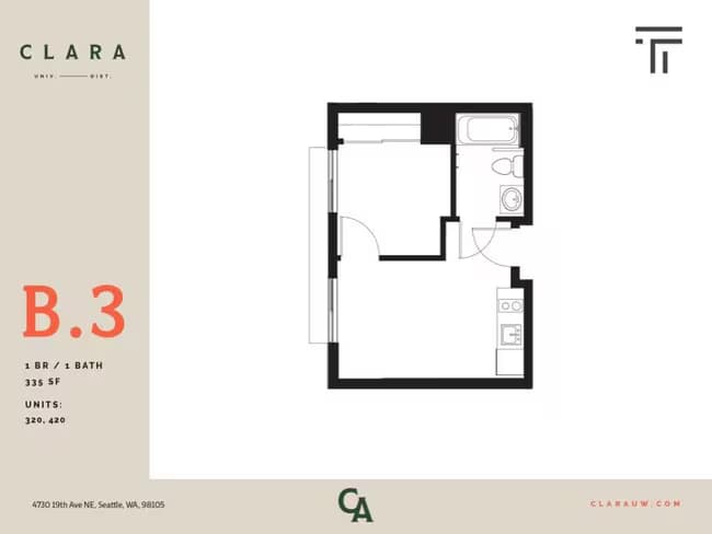 1 Bed 1 Bath - 335 sqft 420 floor plan