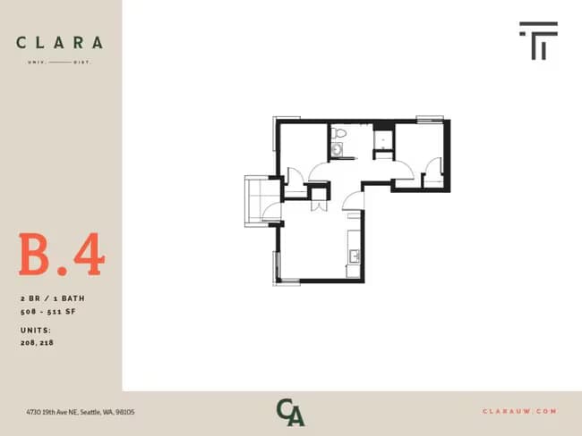 2 Bed 1 Bath - 508 sqft 208 floor plan