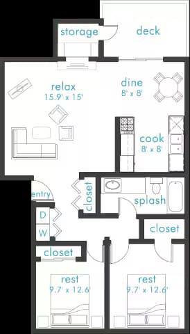 2 Bed 1 Bath B13 floor plan