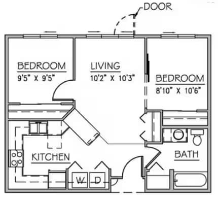 2 Bed 1 Bath 401 floor plan