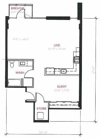 1 Bed 1 Bath A3 1006 floor plan