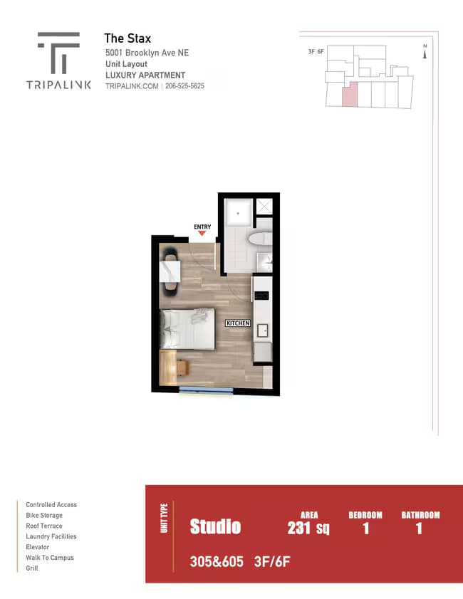 Studio - 231 sqft 605 floor plan