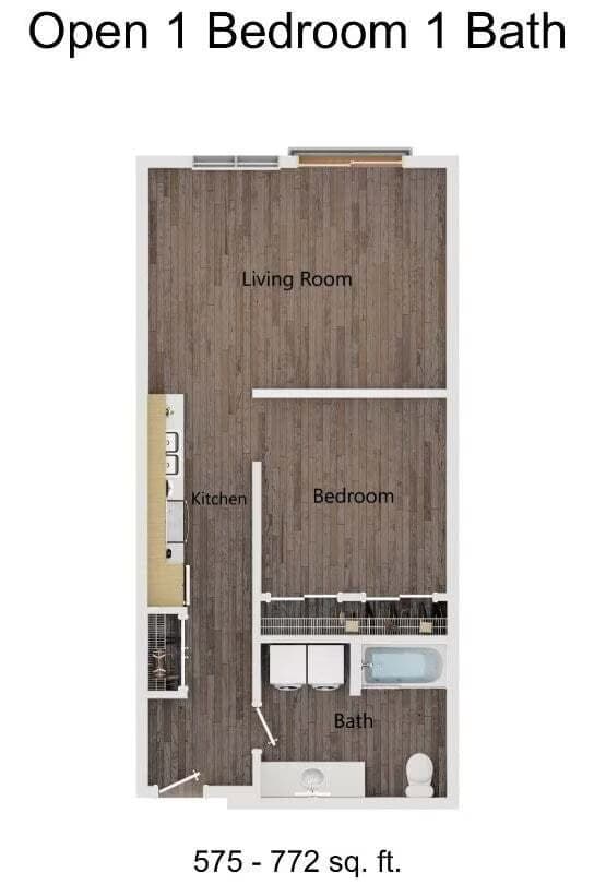 Open 1 Bedroom 1 Bath 421 floor plan