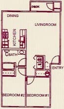 2 Bedroom 1 Bath E-104 floor plan