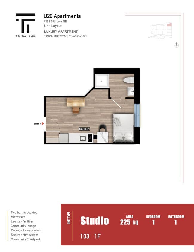 Studio - 225 sqft 103 floor plan