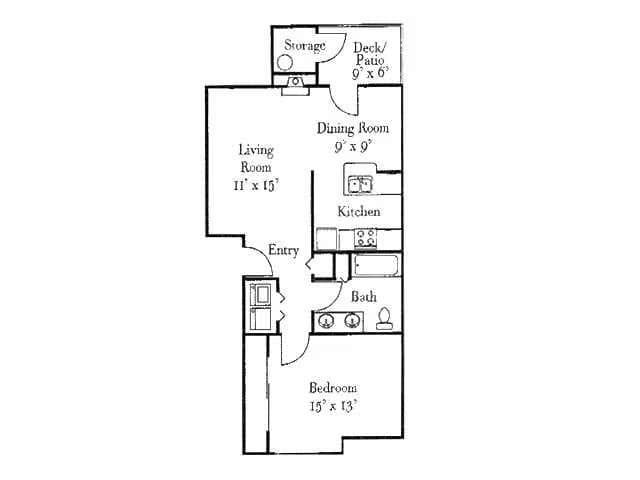 1 Bed / 1 Bath, 733 sq. ft. floor plan