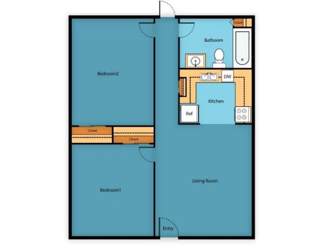 2 Bed / 1 Bath, 722 sq. ft. floor plan
