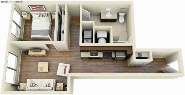 1Bed 1Bath 1608 floor plan