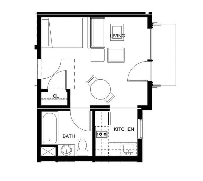Studio A2.L-shape floor plan