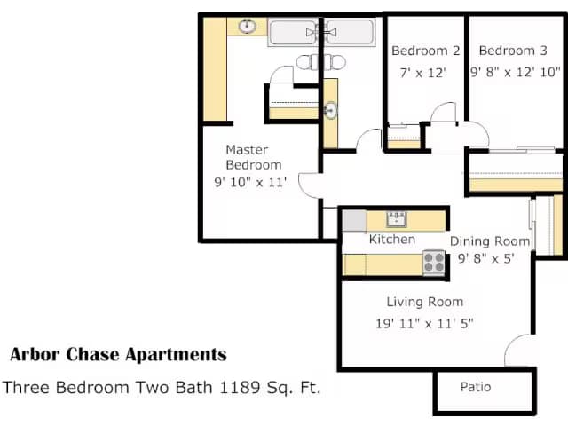 3 Bed / 2 Bath, 1189 sq. ft. C-206 floor plan