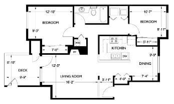 2 Bedrooms 1 Bath B302 floor plan