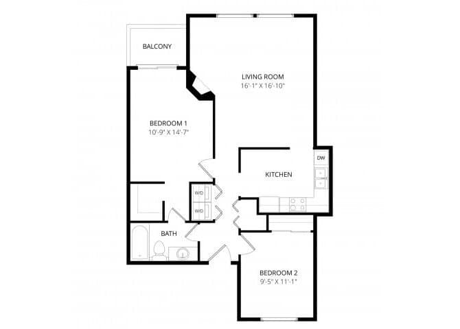 Two Bed One Bath Renovated WAIT212R floor plan