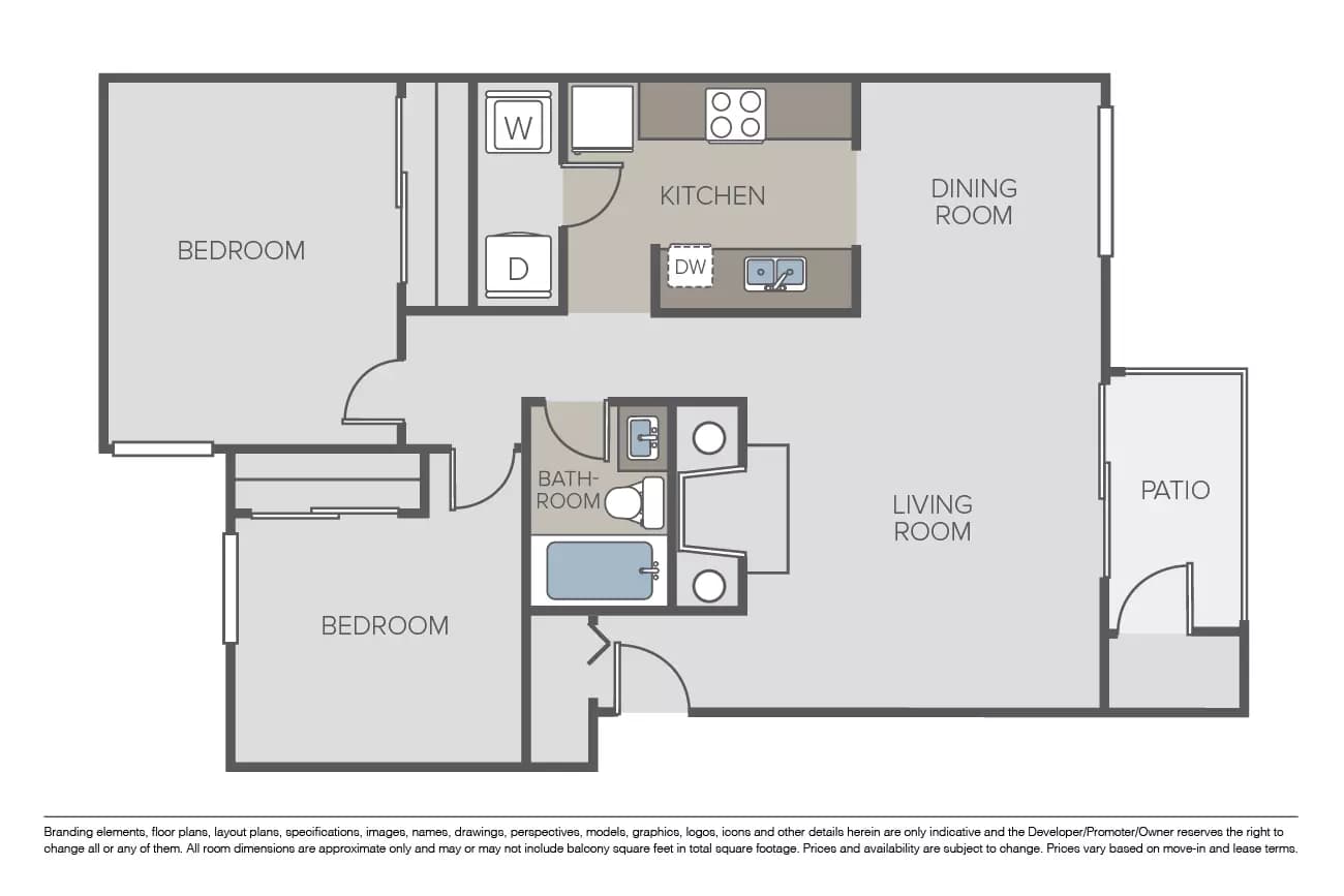 2 Bed 1 Bath 01D203 floor plan