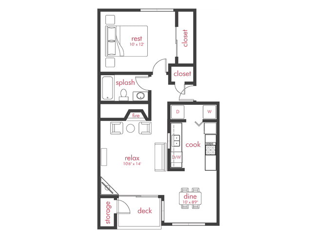 1 Bed, 1 Bath C BB-BB202 floor plan