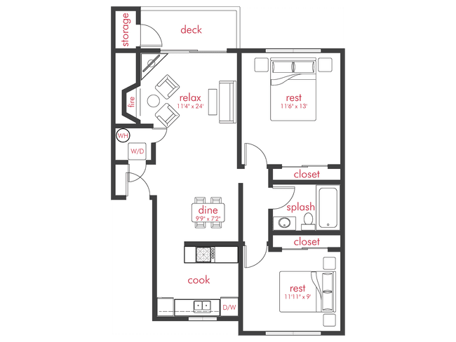2 Bed 1 Bath Phase 2 0N-0N304 floor plan
