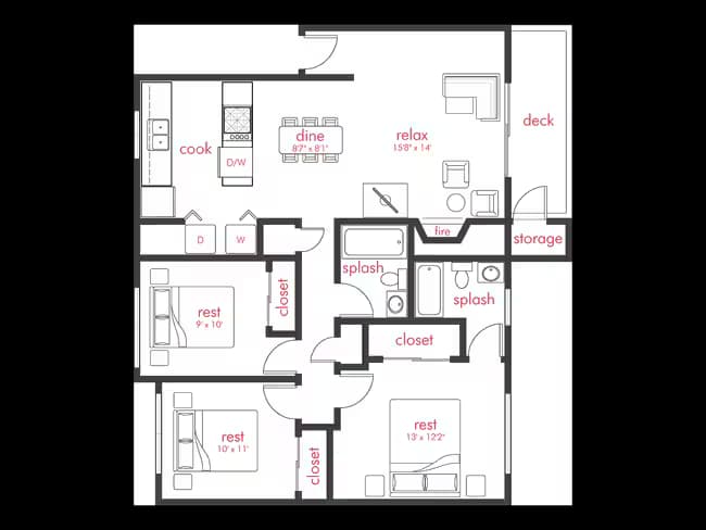 3 Bed, 2 Bath A CC-CC103 floor plan