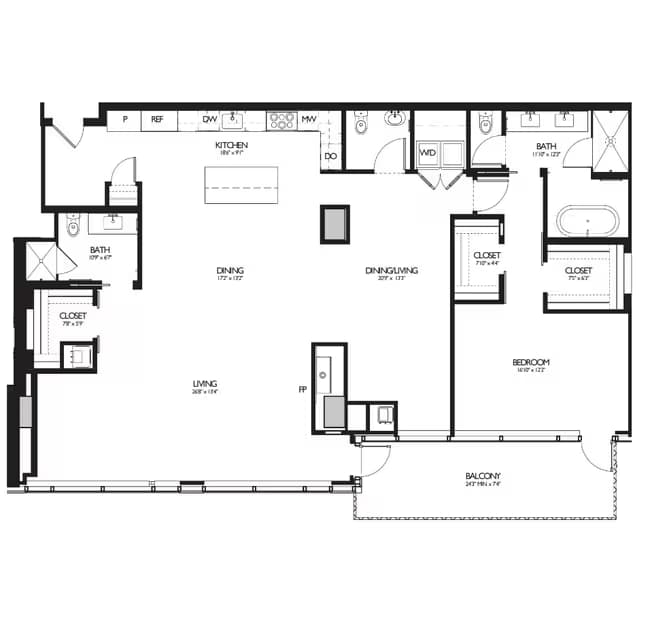 1 Bed 2.5 Bath 3825 floor plan
