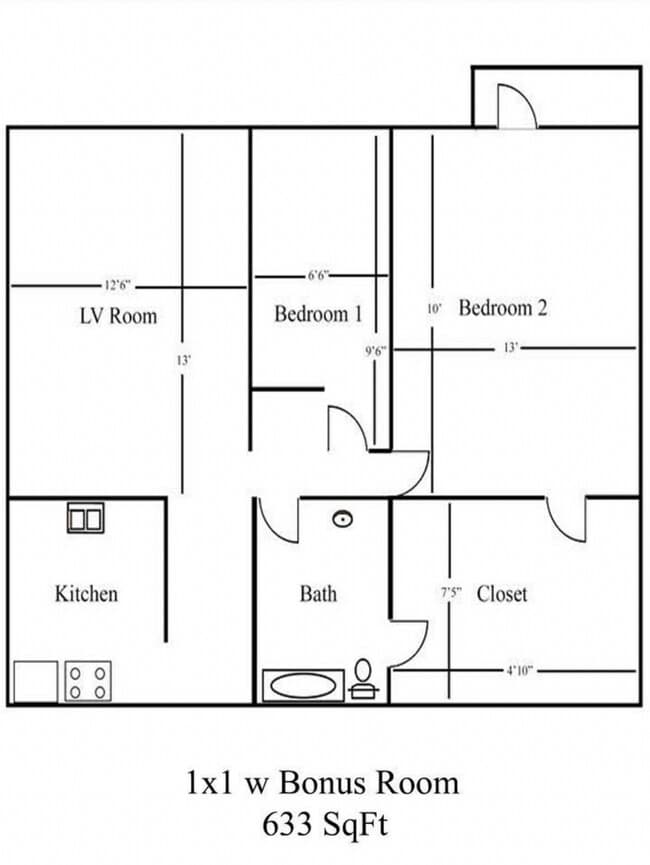 One Bed One Bath with Bonus Room 39 floor plan