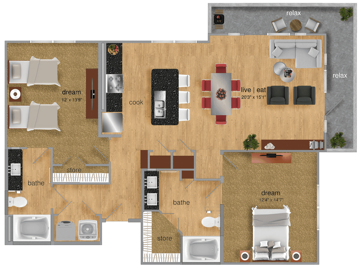 2 Beds • 2 Bath 1218 floor plan