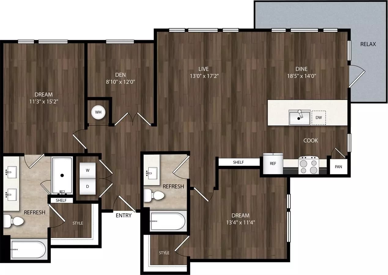 2 Beds • 2 Bath 913 floor plan