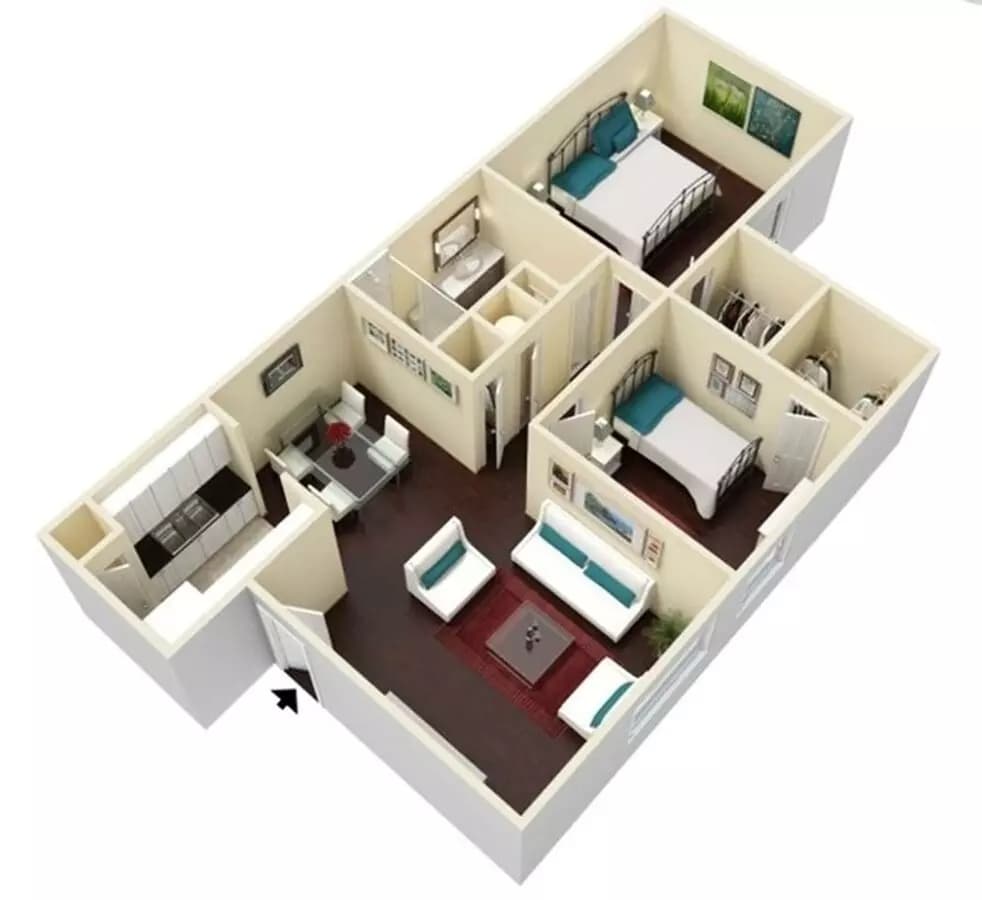 2 Beds • 1 Bath floor plan