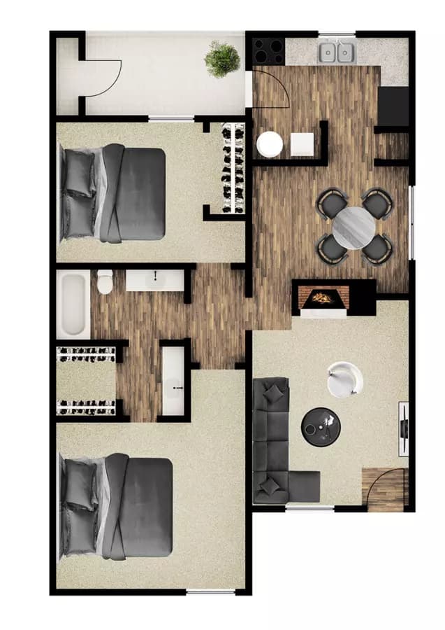 2 Beds • 1 Bath 1908 floor plan